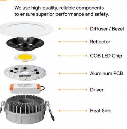 Exploded view of LucyLED components: Diffuser / Bezel, Reflector, COB LED Chip, Aluminum PCB, Driver, Heat Sink